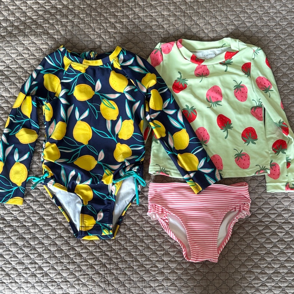 Carter's/ Cat & Jack Lemon & Strawberry long sleeve Rash guard Swim Set Lot 2T